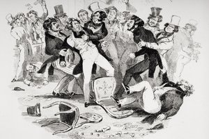 Det sista slagsmålet mellan Sir Mulberry och hans elev, illustration ur "Nicholas Nickleby" av Charles Dickens (1812-70), publicerad 1839 (litografi) (se även 249150) av Hablot Knight Browne