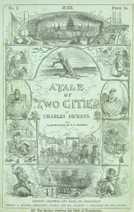 Titelsida från första delen av den första upplagan i serialiserade delar av boken "A Tale of Two Cities" av Charles Dickens, 1859 av Hablot Knight Browne