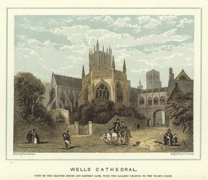 Wells Cathedral, utsikt över kapitelhuset och östra porten, med galleriet som leder till Vicar