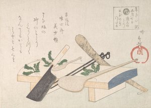 Köksredskap med gröna för ceremonin den 7 januari, 1800-talet. av Hachifusa Shuri