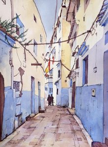 En stilla promenad, Chefchaouen, Morrocco, ca 2024 (akvarell  tusch)