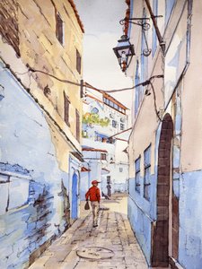 En besökare, Chefchaouen, Marocko, ca 2024 (akvarell  tusch)
