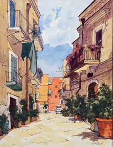 Gamla stan, Bari, Italien, ca 2024 (akvarell  tusch på papper)
