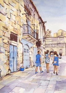 Trekant i blått, Valletta, Malta, ca 2024 (akvarell  tusch)