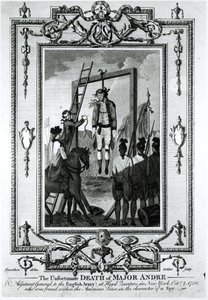 Den olyckliga döden av major Andre, generaladjutant till den engelska armén, vid högkvarteret i New York, 2 oktober 1780, graverad av John Goldar (1729-1795) av Hamilton