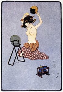 Ung japan klädde av sig hennes frisör - i "" japansk docka"" av Félicien Champsaur, sjuk. Hanafusa Itcho, Paris