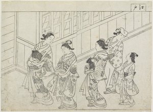 Fem prostituerade framför ett hus, tidigt 1770-tal (trätryck) av Hanabusa Shigenobu