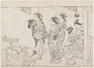 Fem prostituerade på en innergård, tidigt 1770-tal (trätryck) av Hanabusa Shigenobu