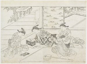 Tre prostituerade i ett rum, tidigt 1770-tal (trätryck) av Hanabusa Shigenobu