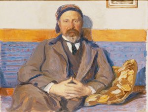 Ett porträtt av konstnärens make George Pauli sittande på en soffa,