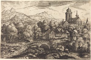 Bergigt landskap med en by av Hanns Lautensack