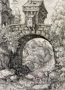 Landsbygd med broport och vatten, ca 1550 (etsning)