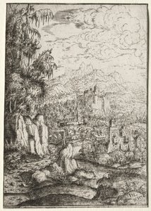 Landskap med en väg till ett slott på en ö i en flod, 1554.