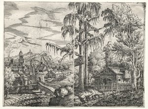 Landskap med staden vid en flod och The Cottage between Trees, 1551.
