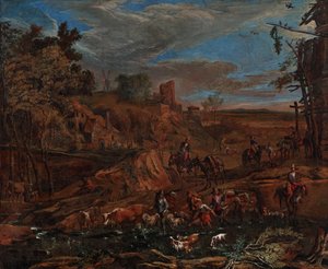 Höstlandskap med vadställe och nötkreatur av Hans (Johann Baptist) Graf