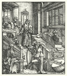 Ärkehertig Maximilian av Österrike som beskyddare av musik (gravyr) av Hans (after) Burgkmair