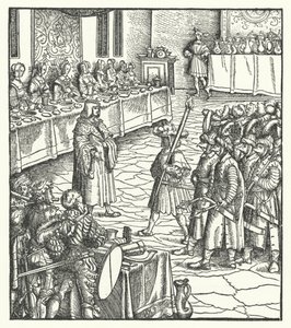 Ärkehertig Maximilian av Österrike regisserar en mummers pjäs (gravyr) av Hans (after) Burgkmair