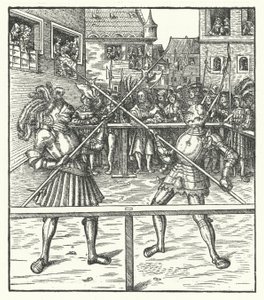 Ärkehertig Maximilian av Österrike slåss till fots med hjälp av en hellebard (gravyr) av Hans (after) Burgkmair