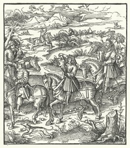 Ärkehertig Maximilian av Österrike jagar hägrar (gravyr) av Hans (after) Burgkmair