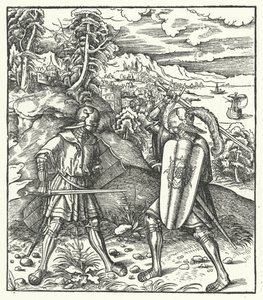 Ärkehertig Maximilian av Österrike i rustning strider med ett svärd (gravyr) av Hans (after) Burgkmair