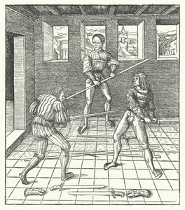 Ärkehertig Maximilian av Österrike lär sig konsten att fäkta (gravyr) av Hans (after) Burgkmair