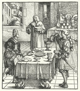 Ärkehertig Maximilian av Österrike lär sig de kulinariska konsterna (gravyr) av Hans (after) Burgkmair