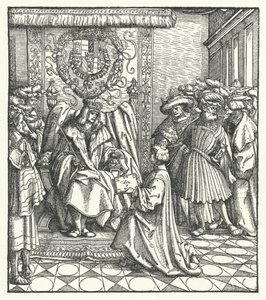 Dedikation av en bok till den helige romerske kejsaren Maximilian I (gravyr) av Hans (after) Burgkmair