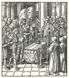Kung Ludvig XII av Frankrike bredvid kistan till sin föregångare, kung Karl VIII