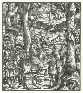 Maximilian I, romarnas kung, tar emot ett meddelande under jakt (gravyr) av Hans (after) Burgkmair