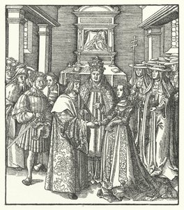 Påven Nicholas V presiderar över äktenskapet mellan den helige romerske kejsaren Fredrik III och Eleanor av Portugal i Rom av Hans (after) Burgkmair