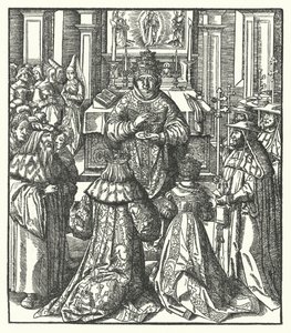Den helige romerske kejsaren Fredrik III och kejsarinnan Eleanor tar emot nattvarden från påven (gravyr) av Hans (after) Burgkmair