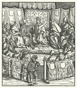 Den helige romerske kejsaren Maximilian I förhandlar med ungrarna av Hans (after) Burgkmair