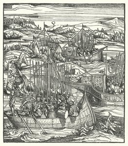Den helige romerske kejsaren Maximilian I med sin flotta i La Spezia, Italien av Hans (after) Burgkmair