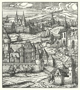 Wiener Neustadt, Österrike, födelseplatsen för Maximilian I, den helige romerske kejsaren (gravyr) av Hans (after) Burgkmair