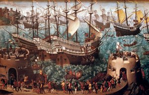 Ombordstigning av Henrik VIII (1491-1547) i Dover på galjonen Henri Grace a Dieu” med anledning av handeln undertecknad med Francois I (Camp du Drap d