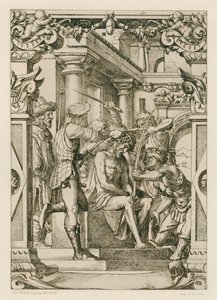 Jesus Kristus, krönt med törnen (gravyr) av Hans (after) Holbein the Younger