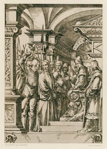 Jesus Kristus framför Kaifas (gravyr) av Hans (after) Holbein the Younger