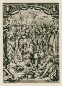 Jesus Kristus, spikad på korset (gravyr) av Hans (after) Holbein the Younger