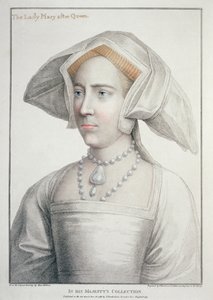Porträtt av Lady Mary efter drottning (1516-58) graverad av Francesco Bartolozzi (1727-1815) 1796 (gravyr) av Hans (after) Holbein the Younger