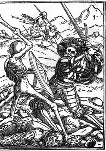 Hans Holbein den unges skendöd (1497-1543): soldaten. En soldat bekämpar döden; vid deras fötter ligger andra krigares kroppar. Gravyr.