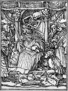 Simuleringarna av Hans Holbein den unges död (1497-1543): kejsaren. Medan Döden tar bort kejsarens krona, ber en bonde honom om rättvisa. Gravyr.