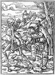 Simuleringarna av Hans Holbein den yngres (1497-1543) död: de blinda. Döden tar tag i den blindes käpp och fungerar som en guide. Gravyr.