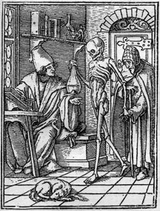 Simuleringarna av Hans Holbein den yngres (1497-1543) död: doktorn. Döden kommer mellan läkaren och hans patient. Gravyr.