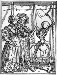 Simuleringarna av Hans Holbein den yngres (1497-1543) död: männen. Döden spelar trumman inför ett par. Gravyr.