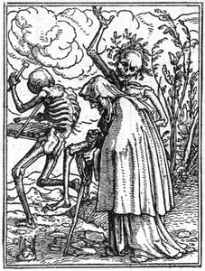 Simuleringarna av Hans Holbein den yngres död (1497-1543): den gamla. Döden följer med en gammal dam till hennes öde. Gravyr.