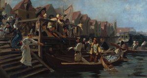 Budgivning på fiskmarknaden, Bergens triangel (olja på duk) av Hans Andreas Dahl