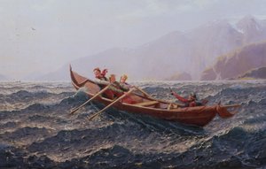 Människor i en roddbåt (olja på duk)