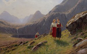 Three Girls by the Mountain Lake in Western Norway (olja på duk)