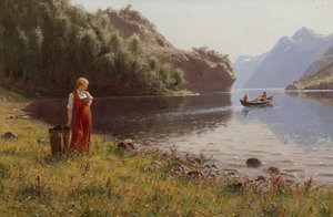 Kvinna i fjordlandskap (olja på duk)