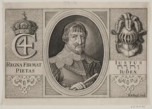 Kristian IV. Illustration för Peder Vinstrup, "Den danske hornblåsaren", 1644